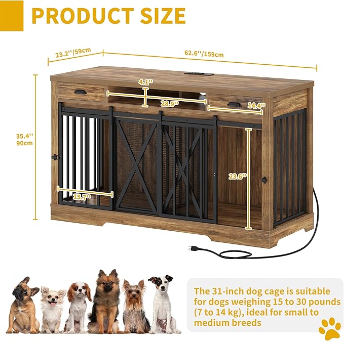 DWVO 63 Inch Double Dog Crate Furniture for 2 Dogs, Heavy Duty Wooden Dog Crate TV Stand with Charging Station, Dog Kennel Indoor Furniture Double Sliding Barn Door Design Ideal for 2 Dogs, Oak