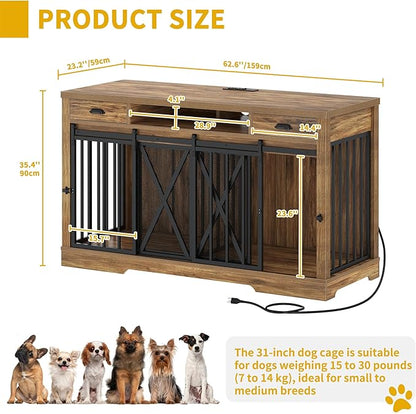 DWVO 63 Inch Double Dog Crate Furniture for 2 Dogs, Heavy Duty Wooden Dog Crate TV Stand with Charging Station, Dog Kennel Indoor Furniture Double Sliding Barn Door Design Ideal for 2 Dogs, Oak