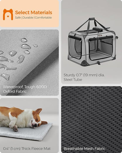 Feandrea 28 Inches Collapsible Soft Dog Crate, Portable Travel Dog Crate for Indoor and Outdoor Use, Dog Carrier Kennel with Safety Zippers, for Living Room, Car, Travelling, Smoke Gray UPDC070G02