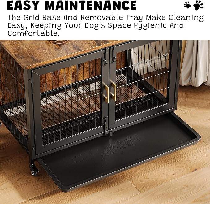 37.4 Inch Large Dog Crate Furniture, Heavy Duty Dog Kennel Furniture with Wheels, Grid Base, Removable Base, Decorative Dog Cage Crate Table, Indoor Dog House for Entryway, Living Room