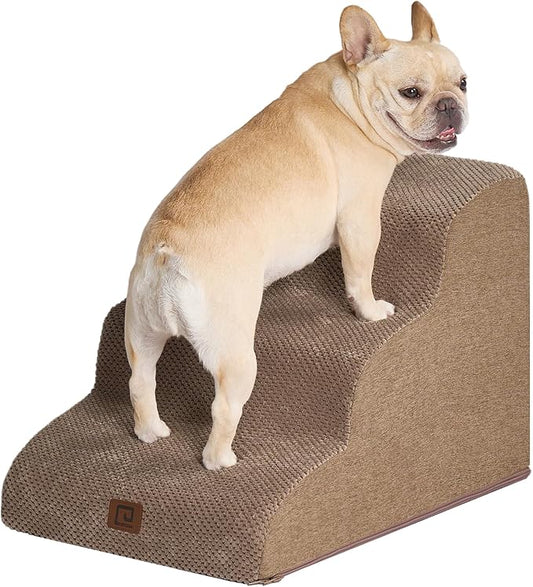 EHEYCIGA Curved Dog Stairs Ramp for Small Dogs 15.7" H, 3-Step Dog Steps for Couch Sofa and Chair, Pet Stairs for Cats, Non-Slip Balanced Pet Steps Indoor, Camel