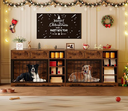IDEALHOUSE 47” Large Dog Crate, Dog Kennel Indoor with 2 Drawers and 4 Shelves, Dog Crate Furniture TV Stand, Wooden Dog Cage for Medium Large Dogs, Brown