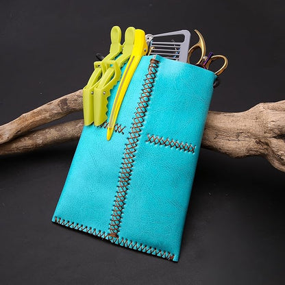 Dog Grooming Scissors Storage Bag: Hand-stitched, Show-quality Head Layer Calf Leather, Holds 5 Pairs of Dog Grooming Scissors Blue