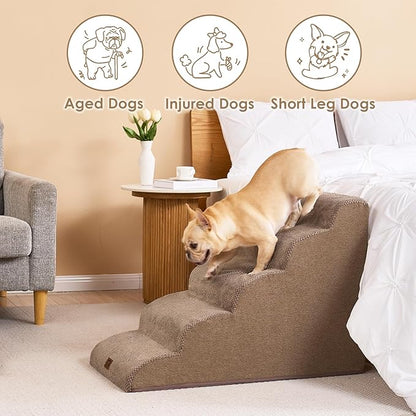 EHEYCIGA Curved Dog Stairs Ramp for High Beds 22.6" H, 5-Step Dog Steps for Small Dogs and Cats, Pet Stairs for High Bed Climbing, Non-Slip Balanced Pet Step Indoor, Camel
