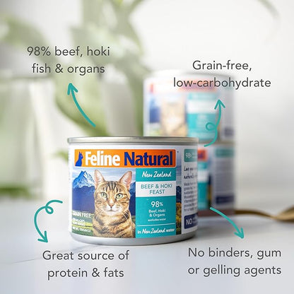 Feline Natural Wet Cat Food Pate, Beef & Hoki Feast, 6 Oz Cans (Pack of 12), Grain Free, Made in New Zealand with Grass-Fed and Finished Beef and Sustainably Caught Hoki Fish