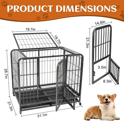 31inch Indestructible Metal Dog Crates for Small/Medium Dogs, Heavy Duty Escape Proof Dog Kennel Indoor with Lockable Wheels, High Anxiety Double Door with Removable Tray 31" L x 21.3" W x 28.7" H