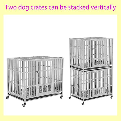 37" 42" 48" Heavy Duty Dog cage Stainless Steel Metal Kennel and Crate, Collapsible for Medium to Large Dogs, Easy to Assemble pet Pen with Four Lockable Wheels, Black Tray (48in)