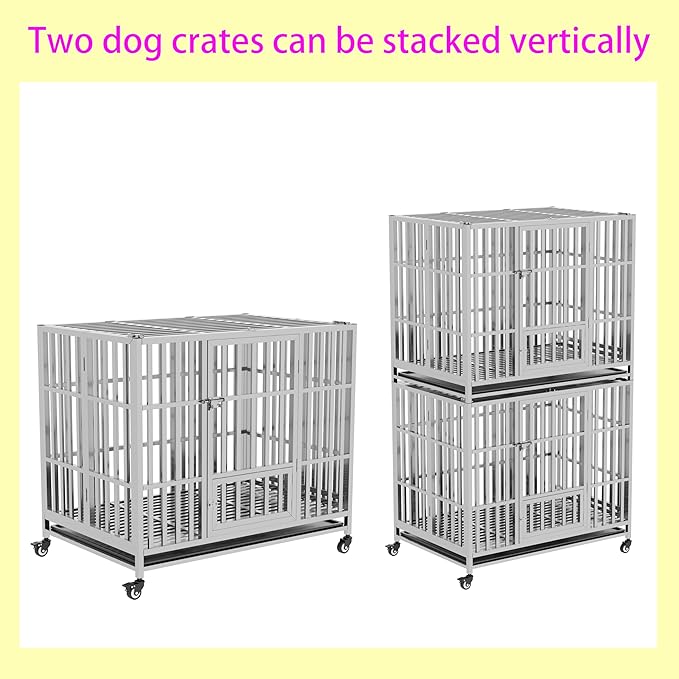37" 42" 48" Heavy Duty Dog cage Stainless Steel Metal Kennel and Crate, Collapsible for Medium to Large Dogs, Easy to Assemble pet Pen with Four Lockable Wheels, Black Tray (42in)