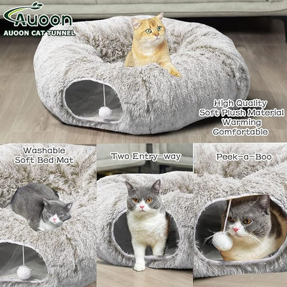 AUOON Cat Tunnel Bed - Cat Donut Tunnel with Soft Plush Circle Cushion for Indoor Cats Kitten Kitty Puppy Rabbit Ferret (Khaki)