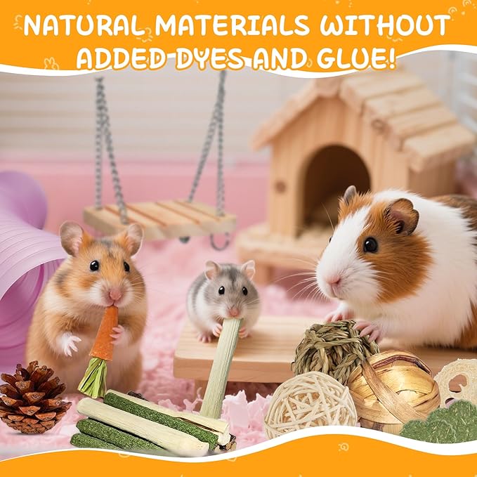 40 PCS Hamster Toys Set Guinea Pig Toys, Hamster Cage Accessories with Tunnel, Bridge, Natural Timothy Hay, Apple Wood and Bamboo for Boredom Relief & Teeth Care for Chinchillas, Gerbils, Rats