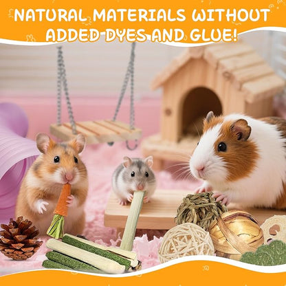 40 PCS Hamster Toys Set Guinea Pig Toys, Hamster Cage Accessories with Tunnel, Bridge, Natural Timothy Hay, Apple Wood and Bamboo for Boredom Relief & Teeth Care for Chinchillas, Gerbils, Rats