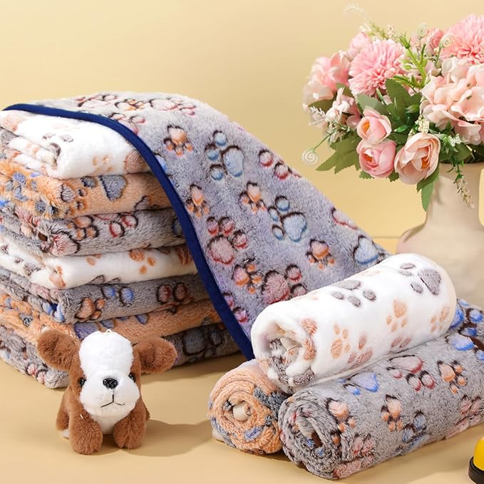 Chumia 40 Pcs Blankets Soft Fluffy Fleece Washable Pet Dog Sleep mat Paw Print Pattern Fleece Blankets for Pets Throw Warm Bed Mat for Dog Puppy Cat(24 x 16 Inch,Brown, White, Black, Blue)