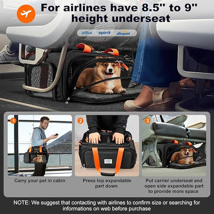 17x12x8.3 TSA Approved Expandable pet Carrier for Extra-Small Dog Under 6-8 lbs,Small-Medium cat Under 10 lbs,for jetblue and Other Airlines only Have 8.5'' Height Space underseat