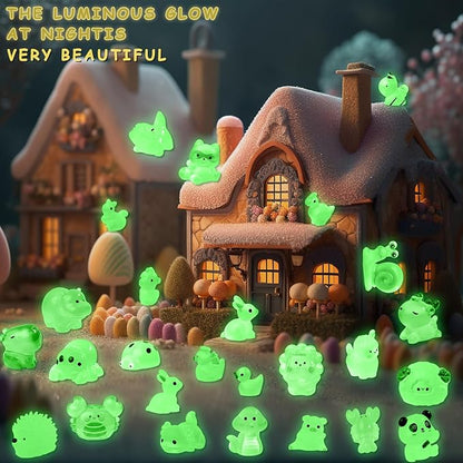 52Pcs Luminous Mini Resin Animals 52 Styles Miniature Glow in the Dark Resin Animal Figures to Hide Tiny Small Little Ducks Turtles Dinosaurs and Frogs for Micro Landscape Dollhouse Fairy Garden Decor