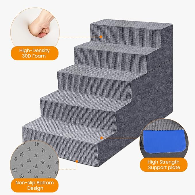 Niubya Dog Stairs for Small Dog, Dog Steps for High Beds and Couch,23”H Non-Slip Bottom Pet Stairs for Small Dogs and Cats,High-Density Foam Pet Steps Grey, 5 Steps