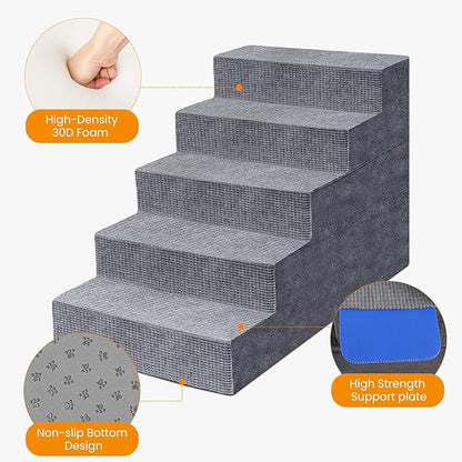 Niubya Dog Stairs for Small Dog, Dog Steps for High Beds and Couch,23”H Non-Slip Bottom Pet Stairs for Small Dogs and Cats,High-Density Foam Pet Steps Grey, 5 Steps