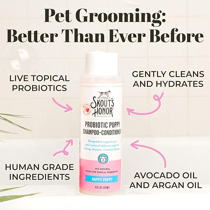 Skout's Honor Probiotic Pet Shampoo & Conditioner with Avocado Oil & Omega-3s, 97% Natural, Paraben & Sulfate-Free, Cruelty-Free, 16oz, Happy Puppy, 2-Pack