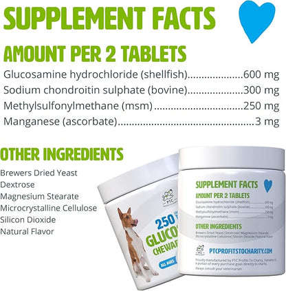 Glucosamine for Dogs with Chondroitin and MSM -Hip and Joint Supplement for Dog Mobility Support and Arthritis Pain Relief - 250 Chewable Tablet Treats