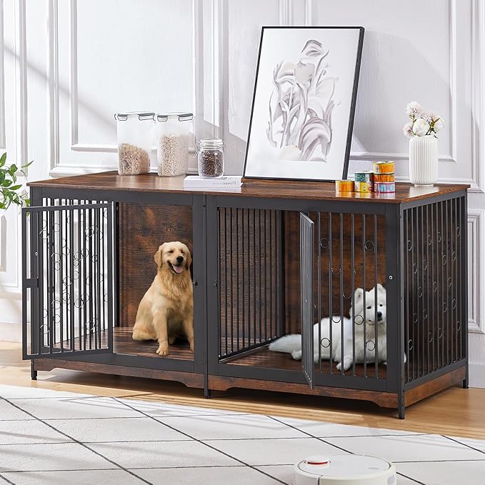 71'' Dog Crate Furniture for 2 Dogs, Wooden Double Dog Crate Large Breed with Door, XXL Indoor Dog Kennel TV Stand End Table with Divider for Large Medium Dogs, No Cushion,Brown