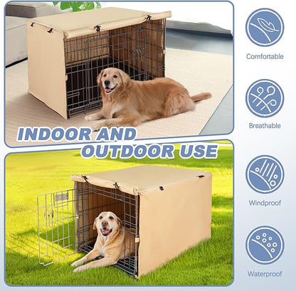 Akinerri Dog Crate Cover - Double Door Waterproof Pet Kennel Cover, Durable 600D Polyester Protective Cage Cover for 24/30/36/42/48 Inch Dog Crate - Beige
