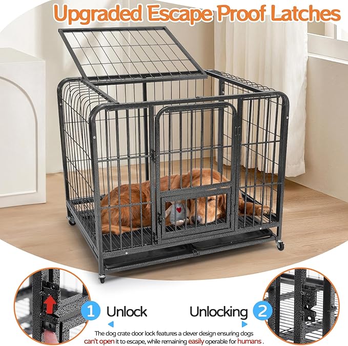 36 inch Metal Dog Crate, Dog Cage Medium Sized Dog, Heavy Duty Wire Dog Crate, High Anxiety Dog Cage Large Dogs Safe & Comfortable, Dog Kennel Indoor, Removable Cleaning Tray, 2 Lockable Wheels