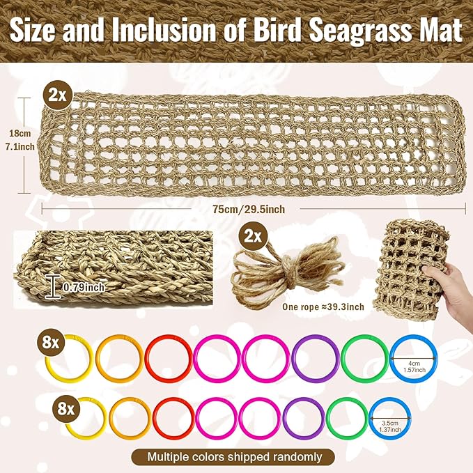 2Pcs 29.5 x 7 inches Large Bird Seagrass Mat Grass Woven Net Parrot Hammock Mat Parakeet Climbing Rope Ladder with Hooks Bird Cage Accessories for Conure Cockatiel Budgie Macaw Bearded Dragon