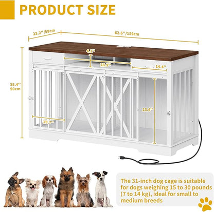 DWVO 63 Inch Double Dog Crate Furniture for 2 Dogs, Heavy Duty Wooden Dog Crate TV Stand with Charging Station, Dog Kennel Indoor Furniture Double Sliding Barn Door Design Ideal for 2 Dogs, White