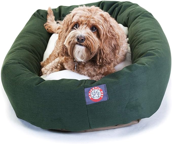 Majestic Pet 32 Inch Poly-Cotton Sherpa Calming Dog Bed Washable 32x18x8 (inch)  Cozy Soft Round Donut Dog Bed with Spine for Head Support - Pet Bed Medium - Green