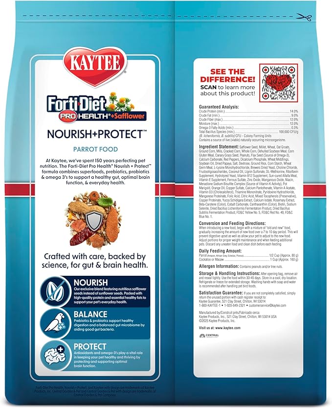 Kaytee Forti-Diet Pro Health+Safflower Nourish+Protect Parrot Food, Supports Breeding and Molting, Nutrition Backed by Science, Digestive and Brain Health, 4 pounds