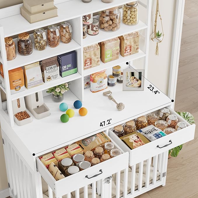 Keyluv 71''H x 47.2''W Large Dog Crate Furniture with 4-Tier Shelves and 2 Storage Drawers, Heavy Duty Dog Cage Furniture with 2 Doors, Wood & Metal Dog Kennel Indoor for Small/Medium/Large Dog, White