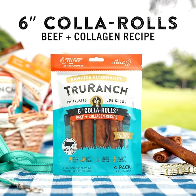 TRURANCH Collagen Rolls - 6" Collagen Rolls for Dogs - Long Lasting Healthy Joint Support - Rawhide Alternative - Skin & Coat Health - Made with Real Beef, Value Pack, 3 Bags, 12 Count
