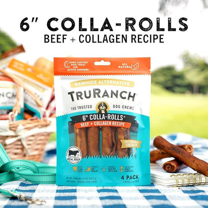 TRURANCH Collagen Rolls - 6" Collagen Rolls for Dogs - Long Lasting Healthy Joint Support - Rawhide Alternative - Skin & Coat Health - Made with Real Beef, Value Pack, 3 Bags, 12 Count