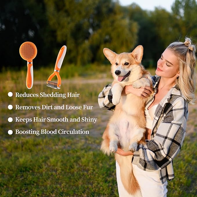 Pet Grooming Brush and Self Cleaning Slicker Brush, Dog Brush Cat Brush for Shedding, Undercoat Rake for Dogs & Cats, Deshedding Dematting Brush for Dogs & Cats, Brushes for Long Haired Pets