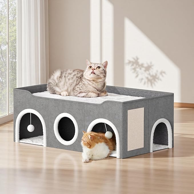 All-in-1 Extra-Wide Cat House for Indoor, Multi Cats Puppy Family, Large Cat Cave for Pet House with Fluffy Ball Hanging and Scratch Pad, Foldable Dog Hideaway, 35.4x19.6x13.3 inches, Grey