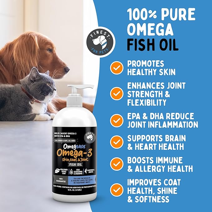Omegease Fish Oil for Dogs & Cats - Finest for Pets Omega 3 for Cats & Dogs - Supplement for Skin & Coat, Itching, Shedding, Joints & Immune Health - 100% Pure Omega Fish Oil with EPA & DHA (32 oz)