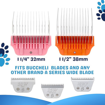 30 Wide Blade & 32mm 38mm Wide Clipper Guard Attachment Set for A5 Series Clippers| Stainless Steel Blade for Professional Dog Groomers| Snap-On/Off Design Wide Guard Combs for Dog Grooming