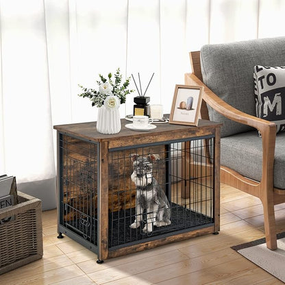 Tangkula Dog Crate Furniture with Removable Tray/Felt Mat, Wood Dog Cage End Table for Small & Medium Dogs, Industrial Double Doors Chew-Proof Dog House Dog Kennel Indoor