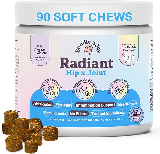 Bundle x Joy Radiant Hip and Joint Support Supplement for Dogs, 90 Soft Chews, Glucosamine Chondroitin for Dogs with Collagen, Turmeric, MSM, Colostrum, Helps Support Mobility and Flexibility