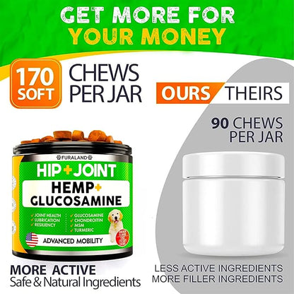 Hemp Hip and Joint Supplement for Dogs - Glucosamine for Dogs - 170 Dog Joint Pain Relief Treats - Chondroitin, Hemp Oil, MSM - Mobility & Flexibility Support - Advanced Care Health - Made in USA
