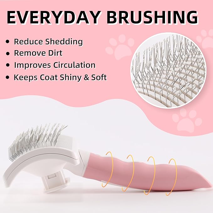 Dog Self-Cleaning Slicker Brush with One Button Fur Removal and Coated Tips Deshedding Brush for Medium or Long Hair Dogs Pink
