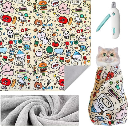 Cat Wrap for Grooming, Self-Adhesive Cat Swaddle Wrap with Nail Clipper, Soft Calming Pet Blanket Anti-Escape Grooming Bag for Cats and Dogs Up to 11lbs (Animal 2)