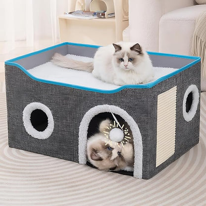 Cat Houses for Indoor Cats - Large Cat Bed Cave with Scratch Pad and Fluffy Ball, Foldable Cat Condo Hideaway with Reversible Cushion for Multi Small Pet, Light Grey