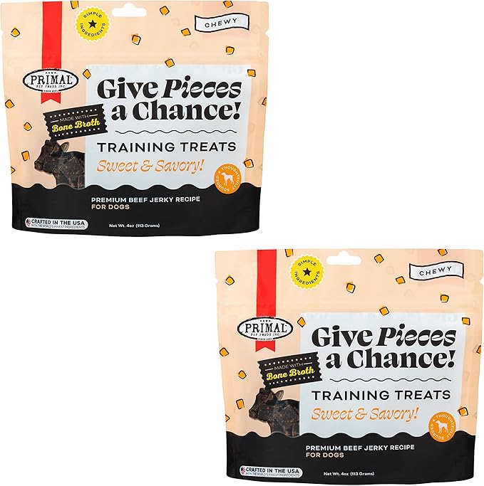 Primal Beef Jerky Dog Treats Made with Beef Bone Broth for Dogs, Give Pieces a Chance, Training Treat for Dogs, 4 oz (Pack of 2)