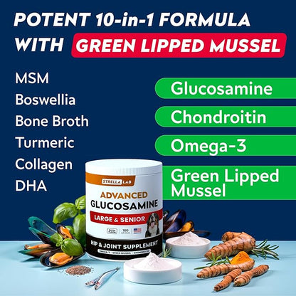 Advanced Glucosamine Chondroitin Joint Supplement for Dogs - Hip & Joint Pain Relief Pills - Green Lipped Mussel & Collagen - Large & Small Breed - Senior Dogs Joint Health - Bacon Flavor - 180ct