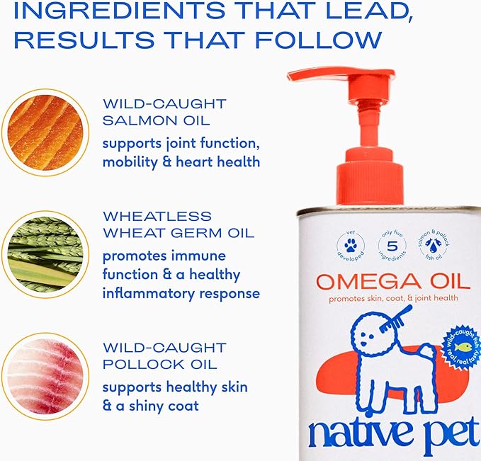 Native Pet Omega 3 Fish Oil for Dogs & Cats - Promotes Healthy Skin, Shiny Coat, & Strong Joints - Made with Wild Alaskan Salmon Oil for Dogs  Tasty, Fast-Absorbing Omega 3 6 9 Liquid Supplement- 8oz