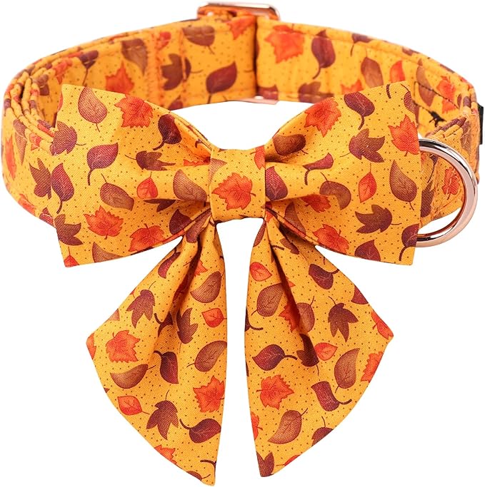 ARING PET Fall Dog Collar-Cotton Maple Leaves Dog Collar with Bowtie, Adjustable Autumn Leaves Dog Collars Pet Necklace with Metal Buckle for Girl&Boy Dogs