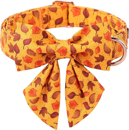 ARING PET Fall Dog Collar-Cotton Maple Leaves Dog Collar with Bowtie, Adjustable Autumn Leaves Dog Collars Pet Necklace with Metal Buckle for Girl&Boy Dogs