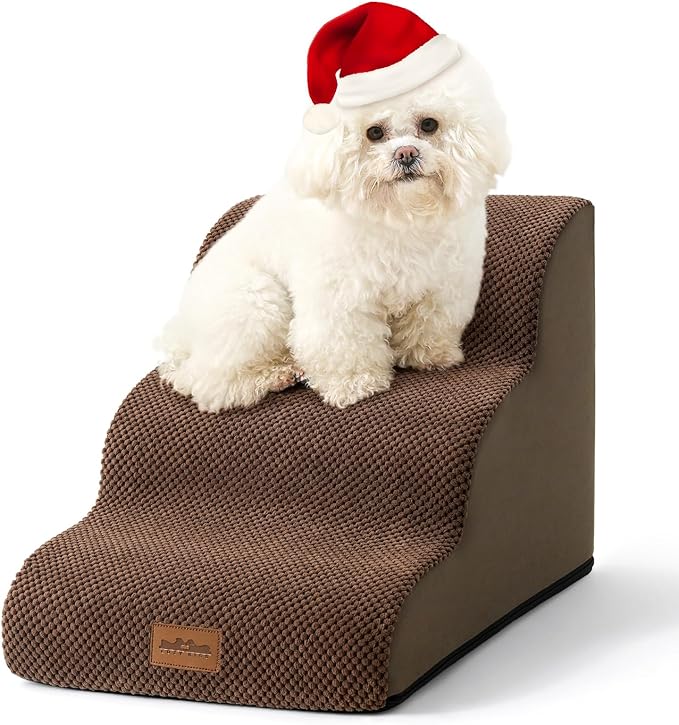 Dog Stairs for Small Dogs, Curved Pet Step with Leakproof Cover, High Density Foam Cat Ramp for Bed or Sofa, Lightweight, Durable, Comfort, 15.7x22.4x15.7 inch, 3 Tiers, Brown