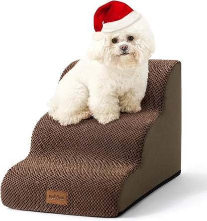 Dog Stairs for Small Dogs, Curved Pet Step with Leakproof Cover, High Density Foam Cat Ramp for Bed or Sofa, Lightweight, Durable, Comfort, 15.7x22.4x15.7 inch, 3 Tiers, Brown