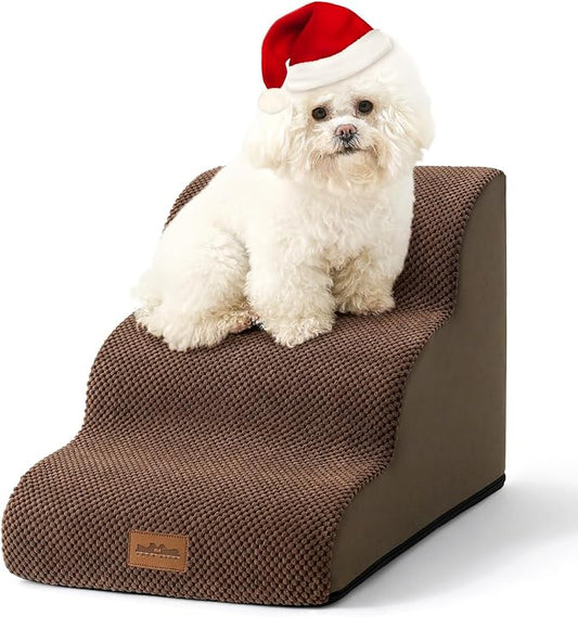 Dog Stairs for Small Dogs, Curved Pet Step with Leakproof Cover, High Density Foam Cat Ramp for Bed or Sofa, Lightweight, Durable, Comfort, 15.7x22.4x15.7 inch, 3 Tiers, Brown